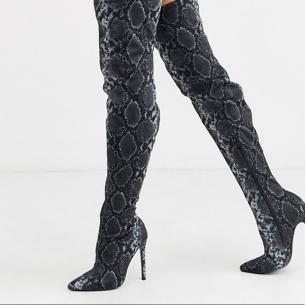 ASOS- Thigh high snake skin boots.